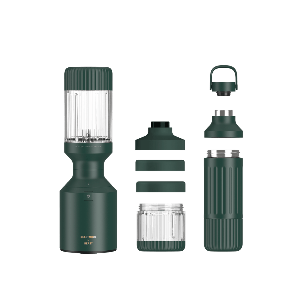 Beast Mode blender and corresponding accessories on a black background | Forest Green
